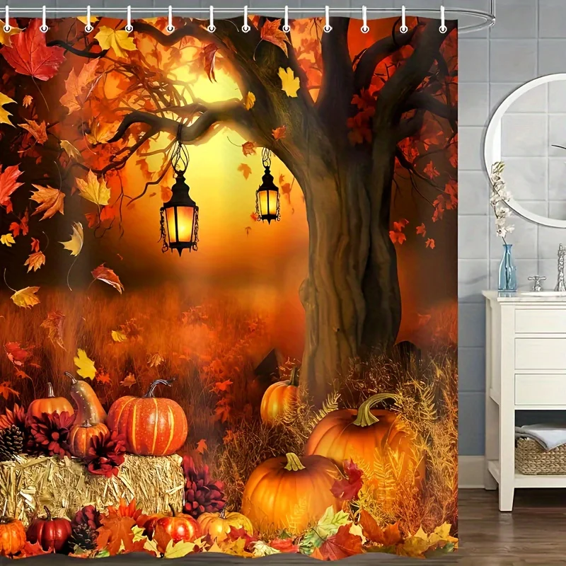 Festive Autumn Harvest Thanksgiving Pumpkin Shower Curtain - Cozy Farmhouse Style with Vibrant Fall Leaves