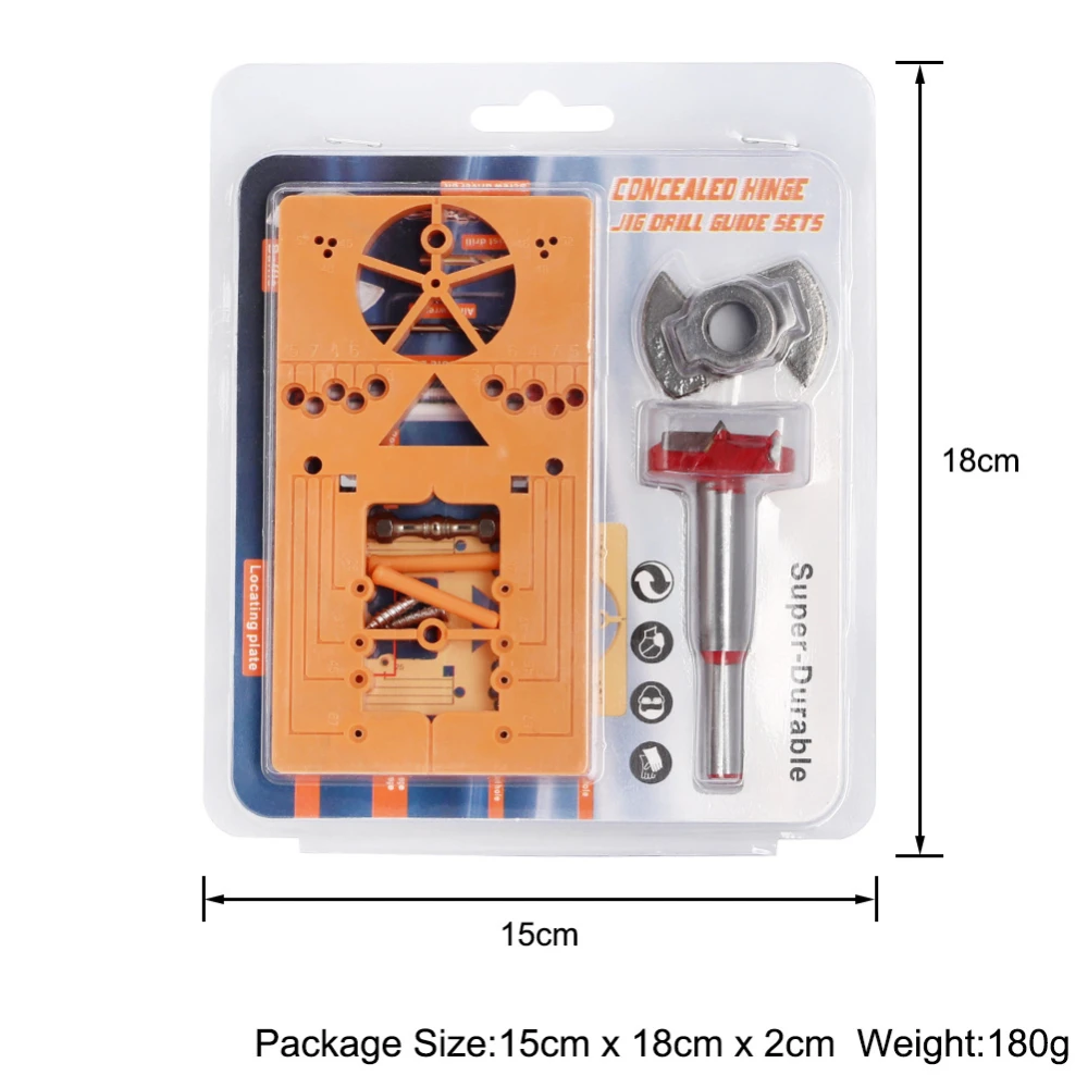35mm Concealed Hinge Jig Kit, Cup Hole Drilling Guide with Forstner Bit,Adjustable Router Template for Cabinet Door Installation