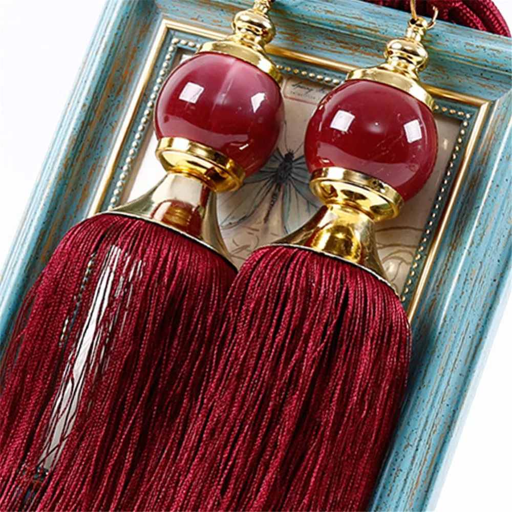 2Pcs Set Tassel Fringe Curtain Tieback Jade Pendant Single Hanging Ball Curtain Holdback Handcrafted Braided