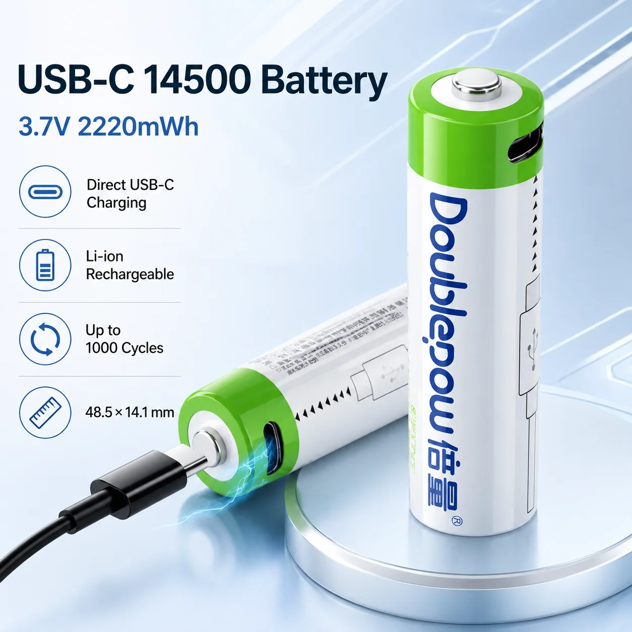 

High Capacity 14500 Rechargeable Battery 3.7V 2220mWh USB Type-C Charging Fit Flashlight Daily Gadgets