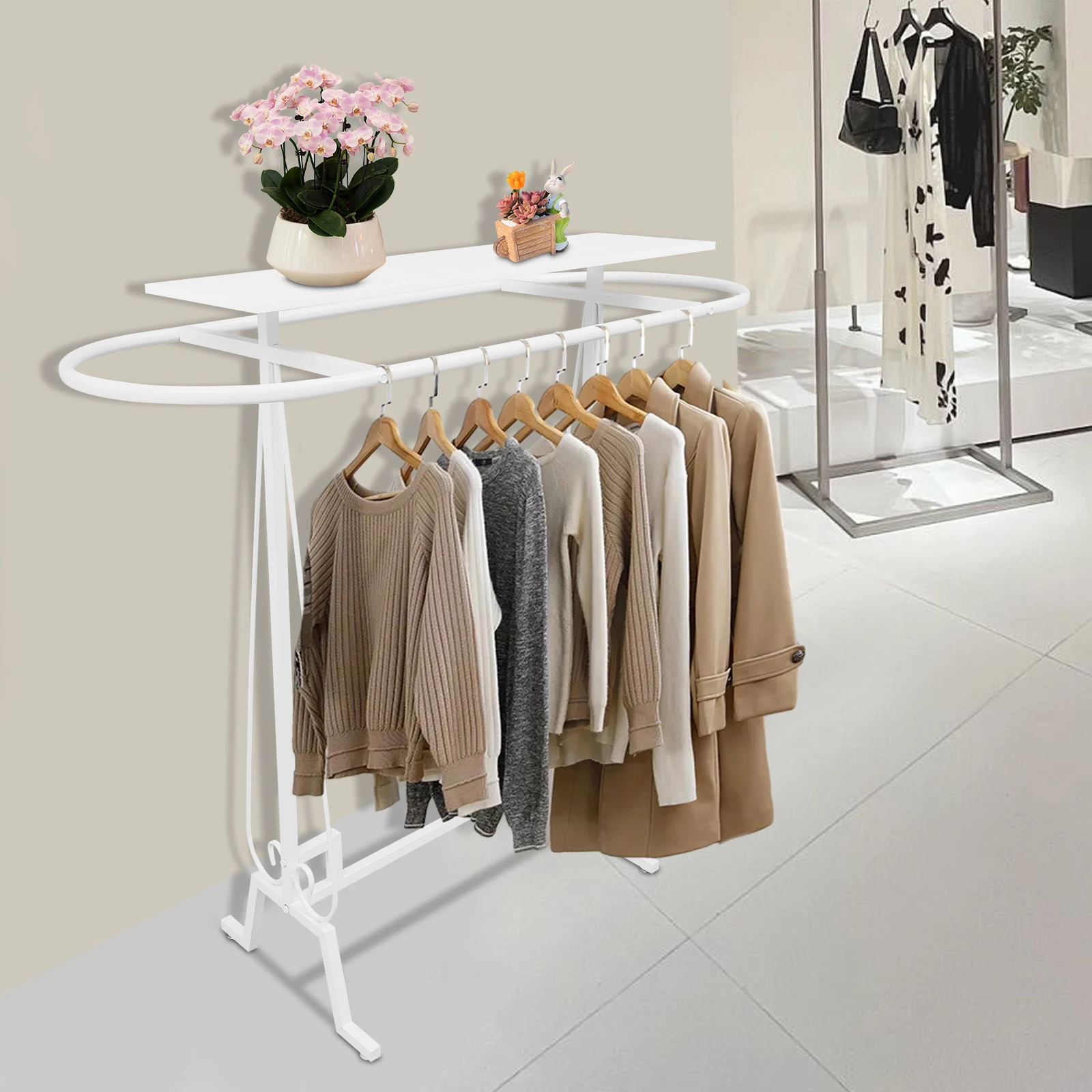 رف ملابس حديث 2 في 1 مع رف، رف ملابس أبيض قائم بذاته مع شماعة بيضاوية ولوحة تخزين لغرفة النوم والمنزل والمتجر