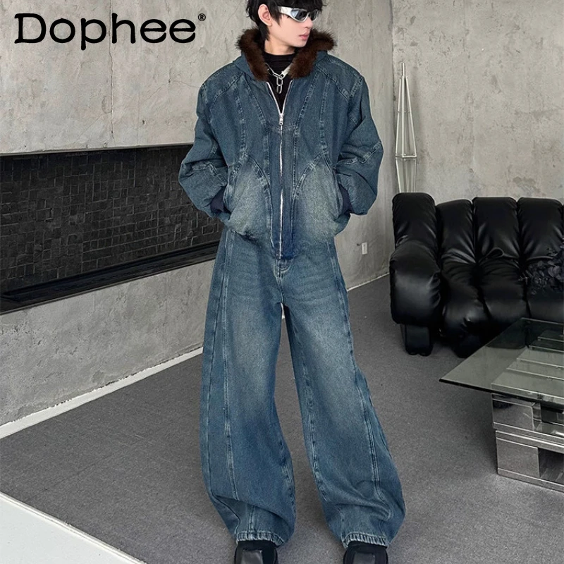 

Men's 2025 Winter New Fleece-Lined Pocket Decoration Long Sleeve Denim Jackets Handsome Thickened Jeans Two-Piece Denim Sets