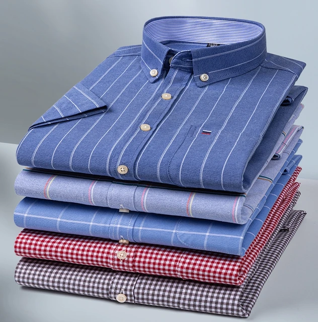 Modna koszula męska z krótkim rękawem 100% bawełna Oxford Stripe Plaid Formalna męska koszula towarzyska dostępna w dużych rozmiarach