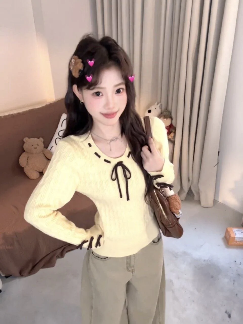 

Шикарный желтый свитер с бантом, женский модный вязаный топ, теплый зимний пуловер с длинными рукавами и круглым вырезом