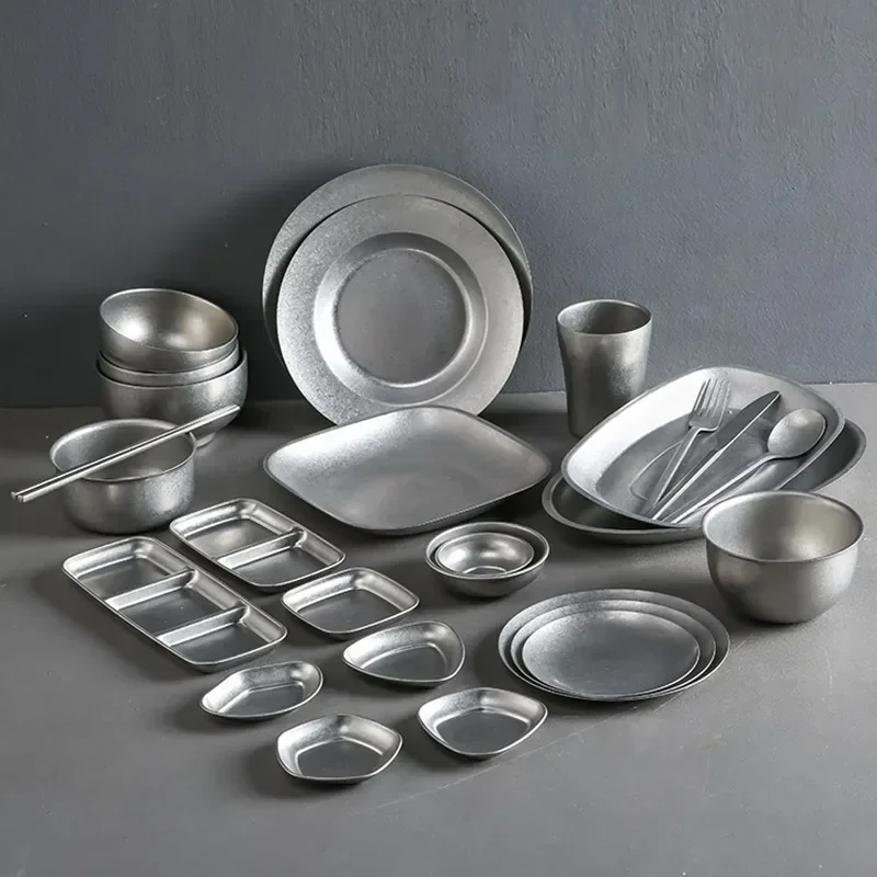 Retro Cutlery Set Plates Dinnerware Bowls Dining Plates Sauce Dish Fruit Bowl Double Wall Cup 304 Stainless Steel Cutlery