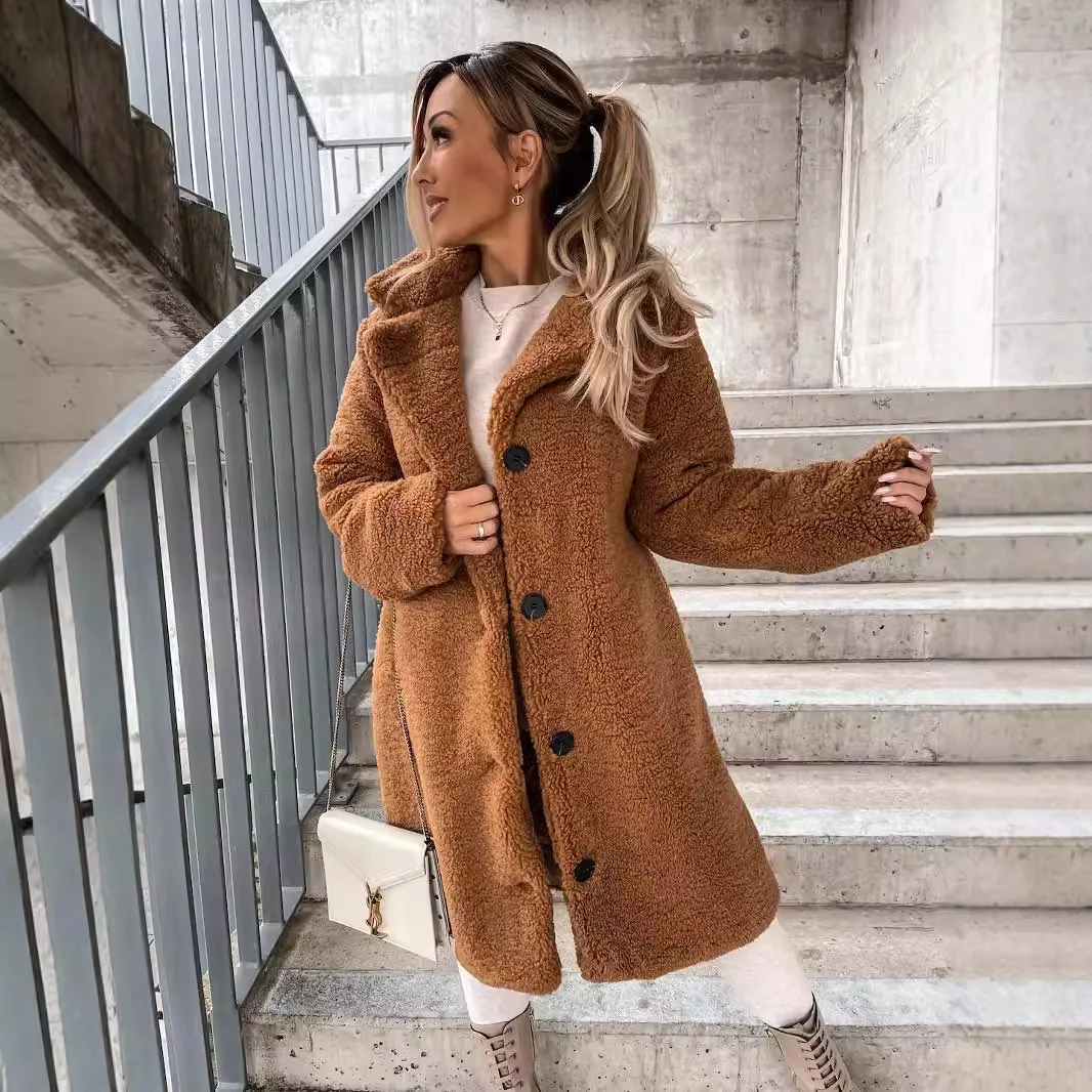 

Autumn and winter cross-border women's clothing hot item furry long sleeved lapel women's plush on top Long coat