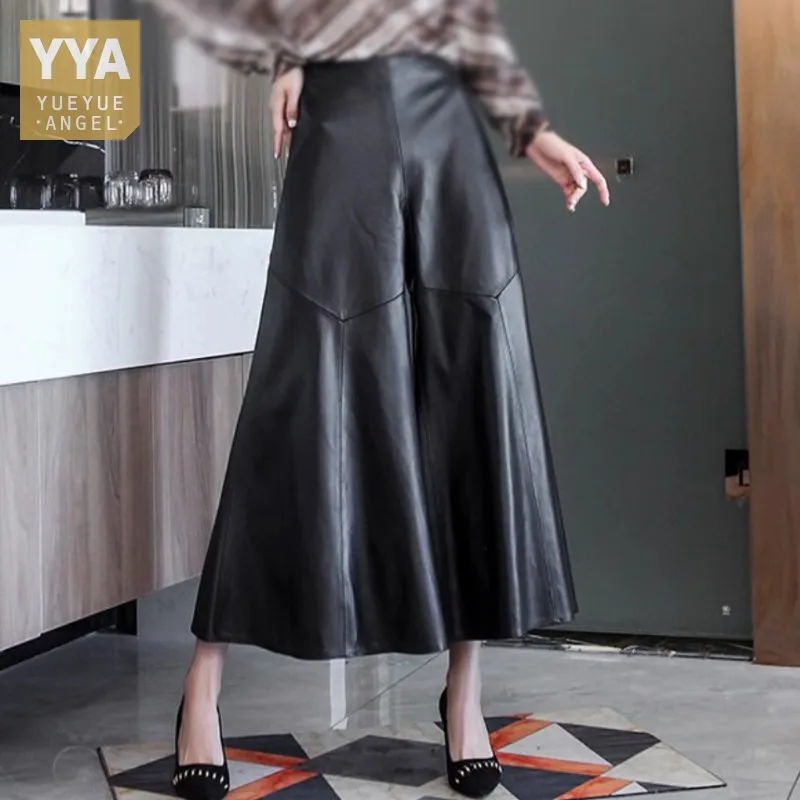 High Quality Luxury Women Ankle-Length Trousers Genuine Leather High Waist Wide Leg Pants Casual Loose Fit Pantalones Mujer