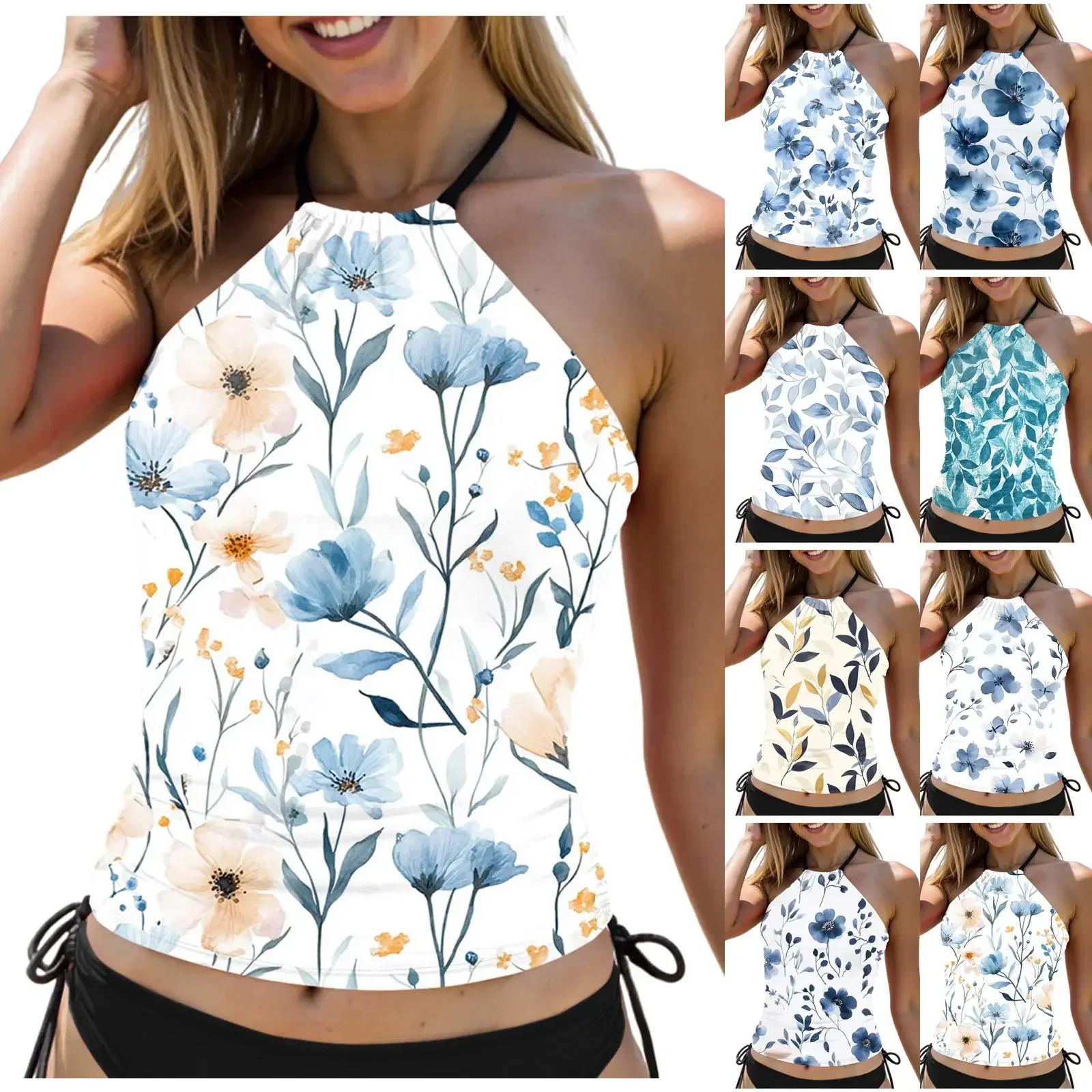 Women's Plant Print Tankini Swimwear Backless Hanging Neck Suspender Conservative Tops Side Tie Swim Holiday Solid Shorts