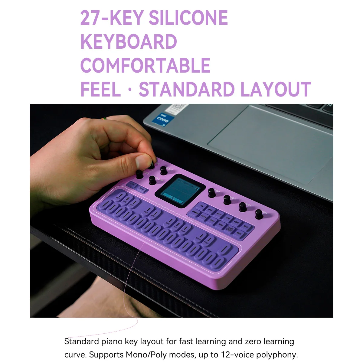 M-VAVE FM-1 (SK15) Purple Handheld Synthesizer – 27-Key Silicone Keyboard, 12-Voice Poly, 2000mAh Battery, Built-in Speaker