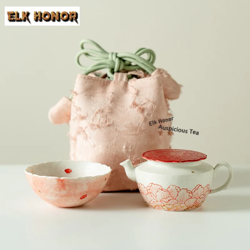 

Hand-painted Hibiscus Mutabilis Travel Tea Set Kit Antique 1 Pot 1 Cups Tea Maker Organizer Portable Camping Handbag Ornaments