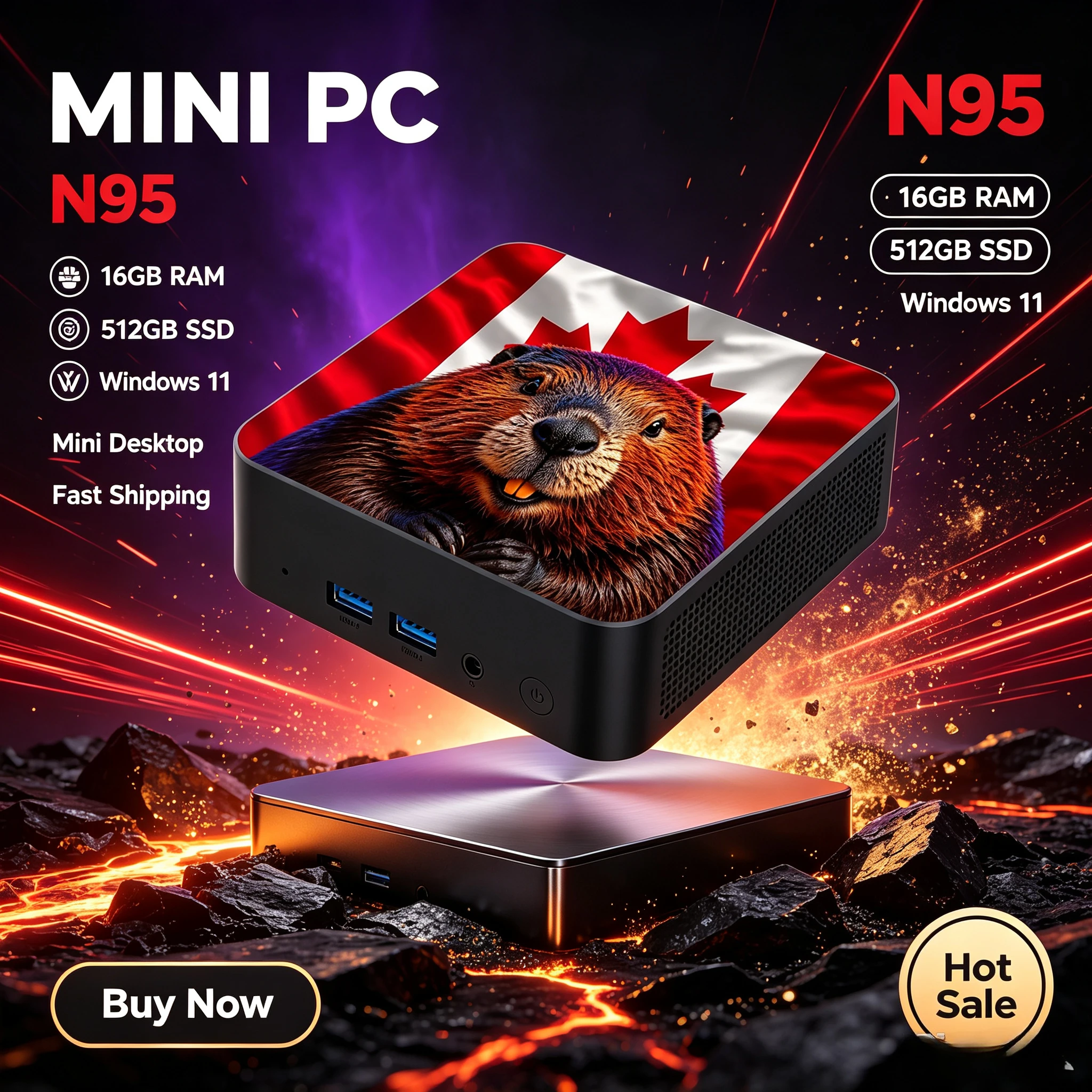 Canada Flag 2026 New Mini Desktop Core N95 16GB 1TB SSD Win11 WiFi6 BT5.2 Ultra Portable High Performance Office view 2