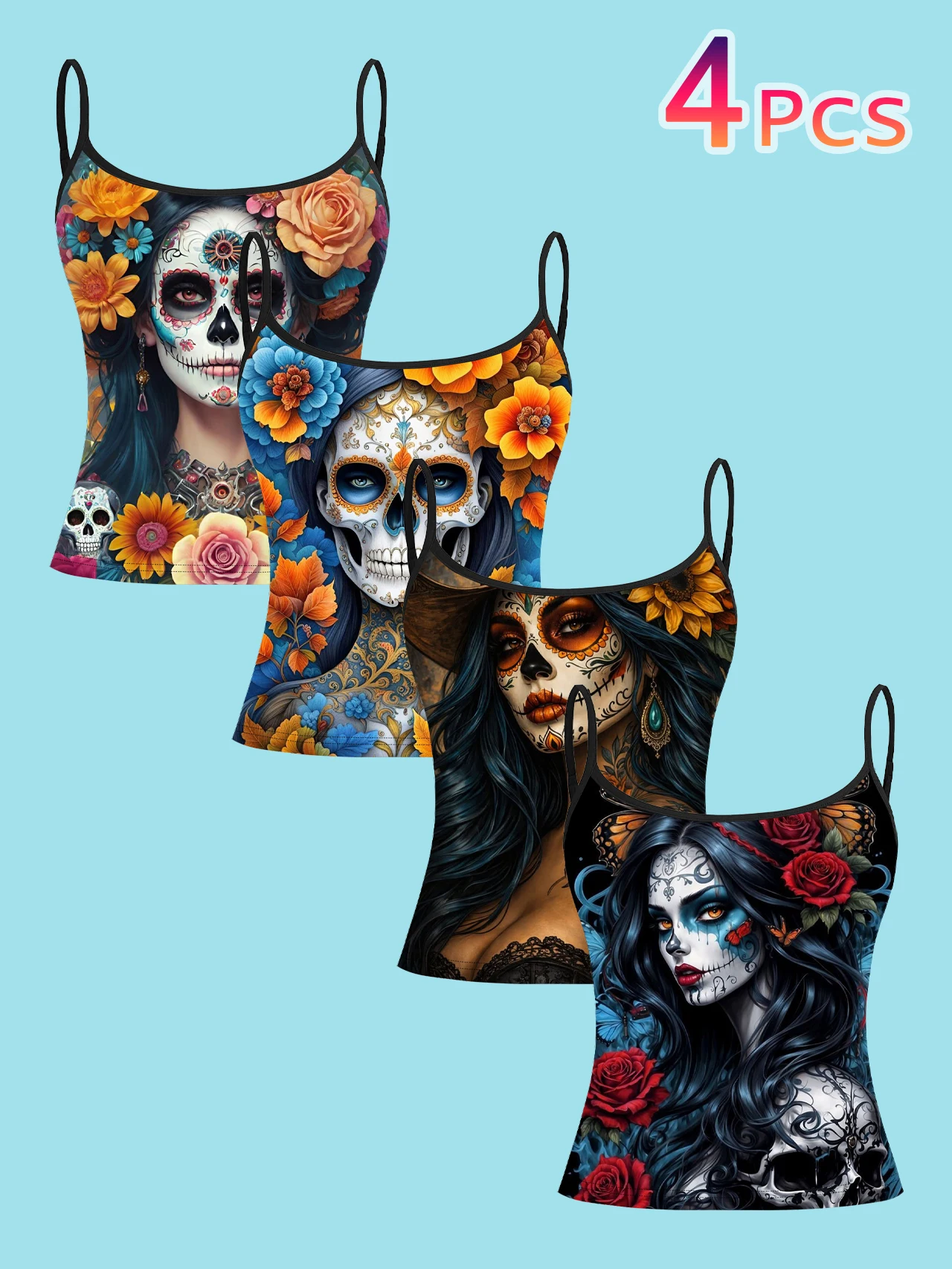 4-Piece Set of Day of the Dead Orange and Yellow Rose Sugar Skull Print Camisole Tops for Women, Mexican Style Spaghetti Strap Slim-Fit Inner Tops