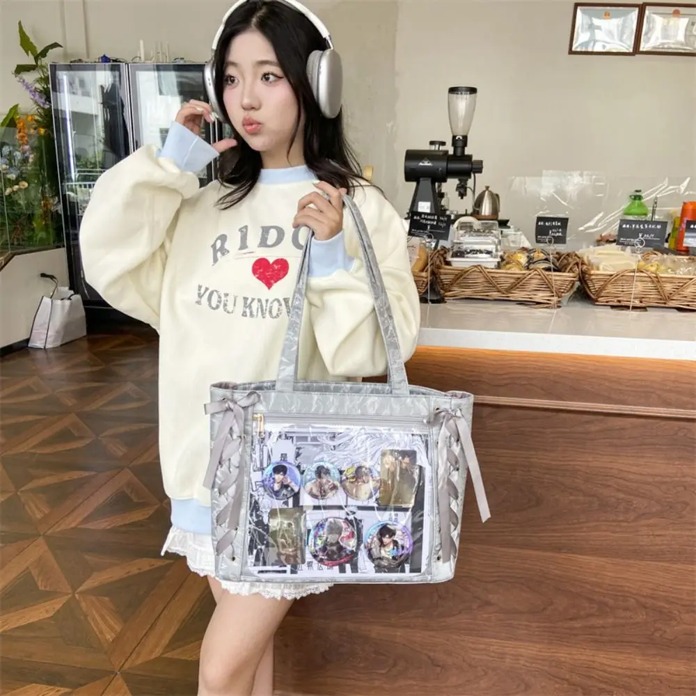 

Ballet Style Ribbon Bow Itabag JK Y2K Drawstring Bow Bag Large Capacity Idol Merchandise Storage Transparent Shoulder Bag