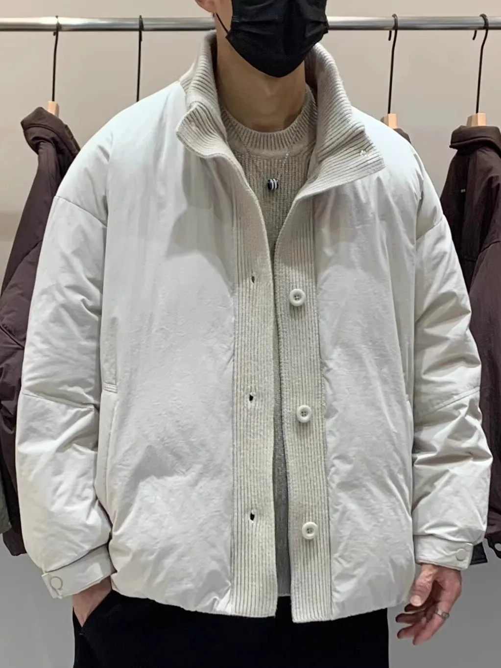 

Men's Winter Puffer Jaet Stand Collar Knitted Splicing Faionable Warm Bread Sle Durable Polyester Fiber Long Sve Coat