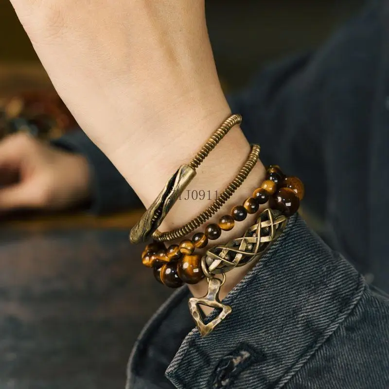 H Gelang Multi Lapis Batu Mata Harimau Kuning Retro Kit Perhiasan Gelang Ceruk Serbaguna Kepribadian Pria