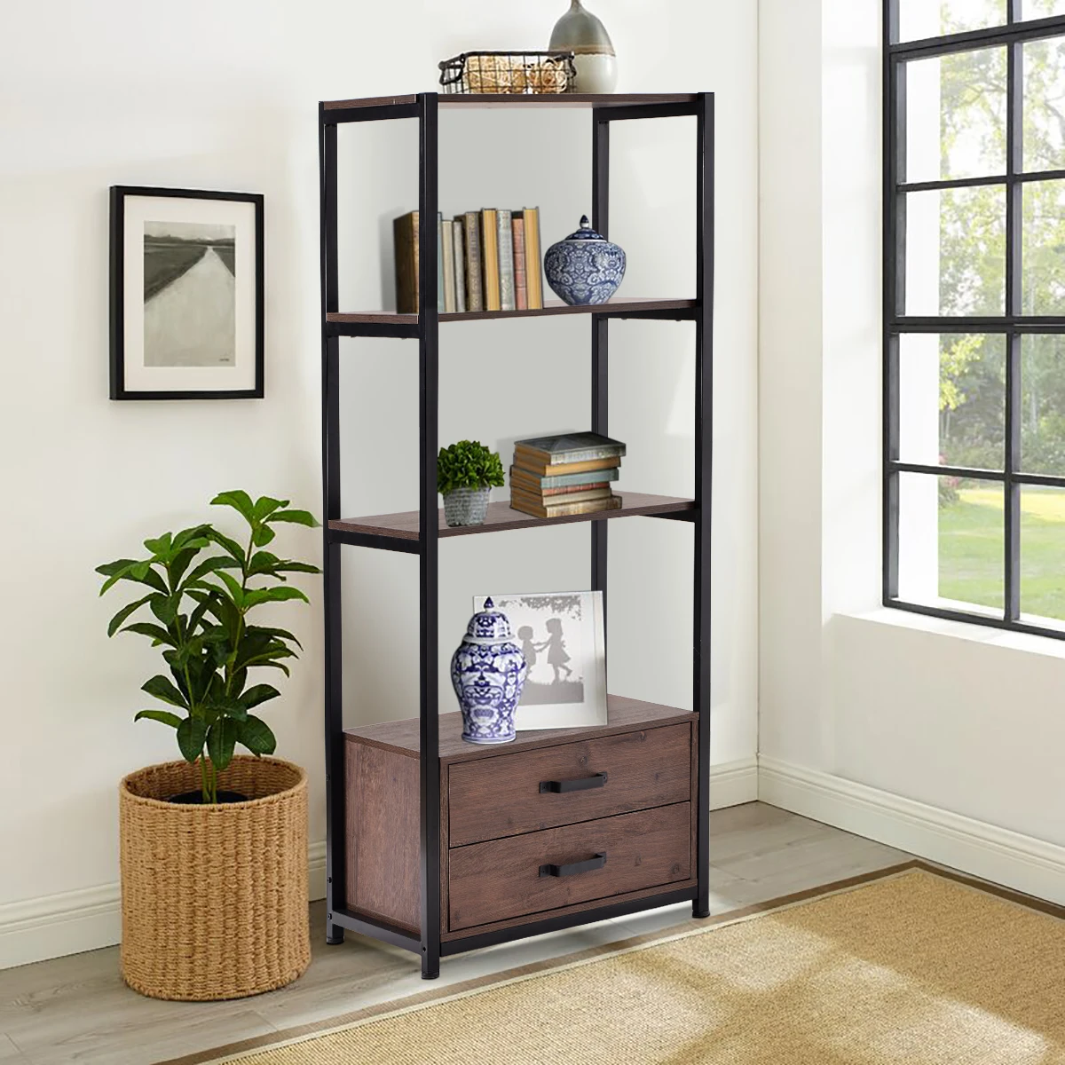 Home Office 4-Tier Bookshelf Simple Industrial Bookcase Standing Shelf Unit Storage Organizer W/4 Open Storage Shelves&2 Drawers