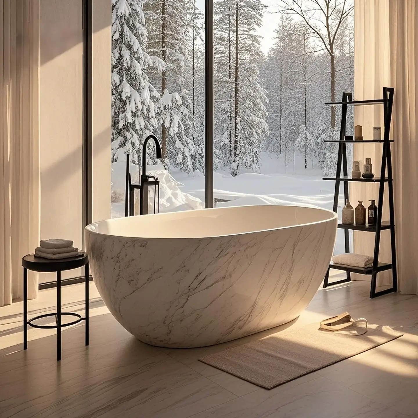 “Luxury Artificial Stone Freestanding Bathtub – White Carrara Marble Design for Villa, Hotel, Airbnb Double Sizes Bath Tub”