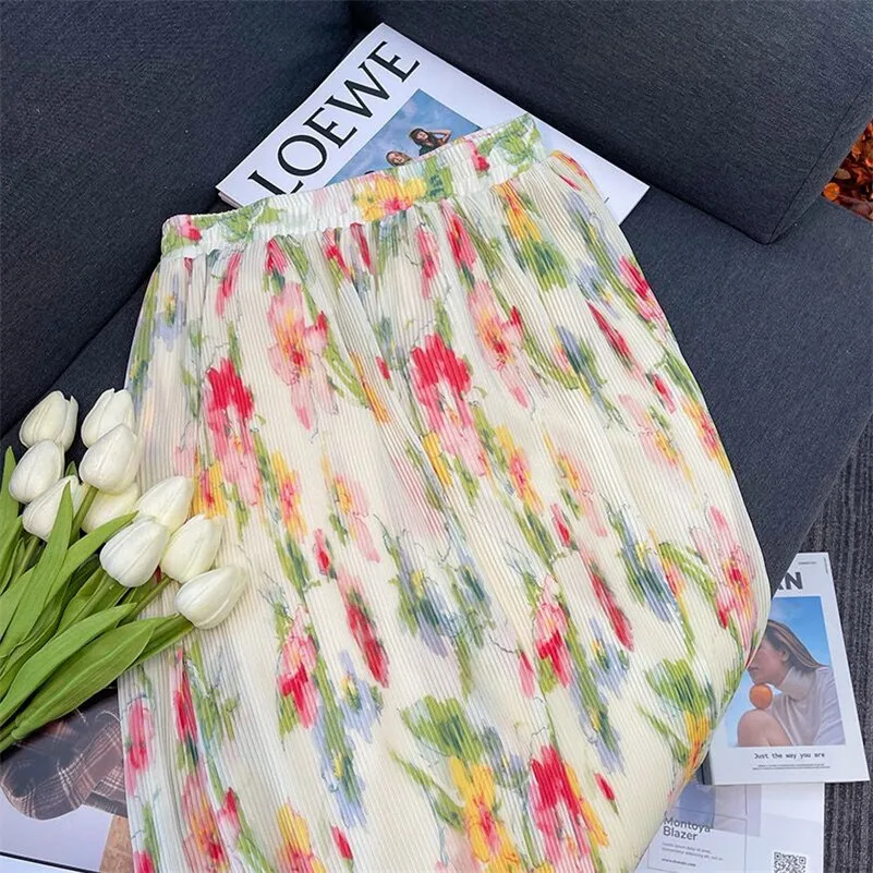 Donne primaverili in chiffon di media lunghezza stile coreano dolce stampa francese gonne in vita elastica allentata abiti temperamento elegante