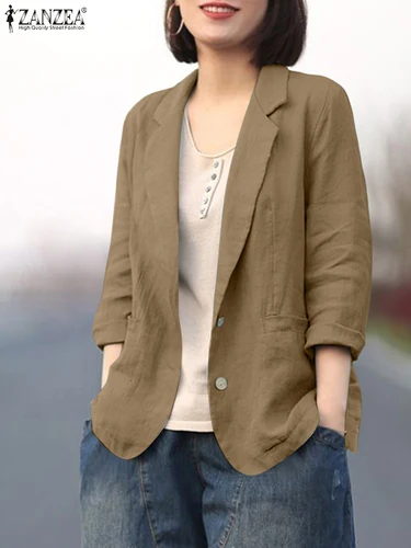 2025 ZANZEA chaqueta de mujer moda Otoño camisa de manga larga con cuello de solapa Tops finos chaquetas de algodón sólido elegante OL prendas de vestir de trabajo