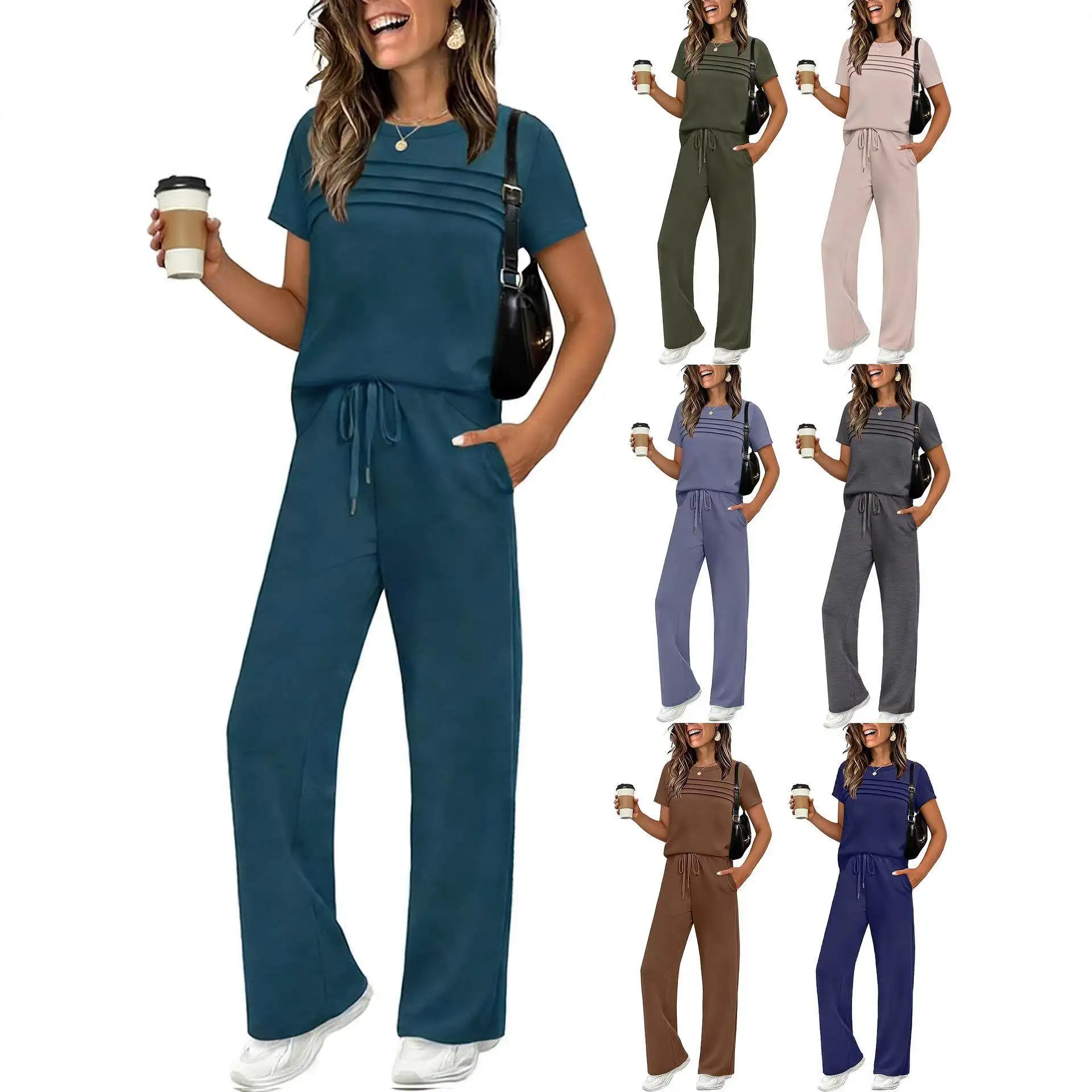 

2026 Spring Summer New Wish Cross-Border Women's Casual Pants Set Short Sleeve Wide Leg Pants Female Leisure Outfit