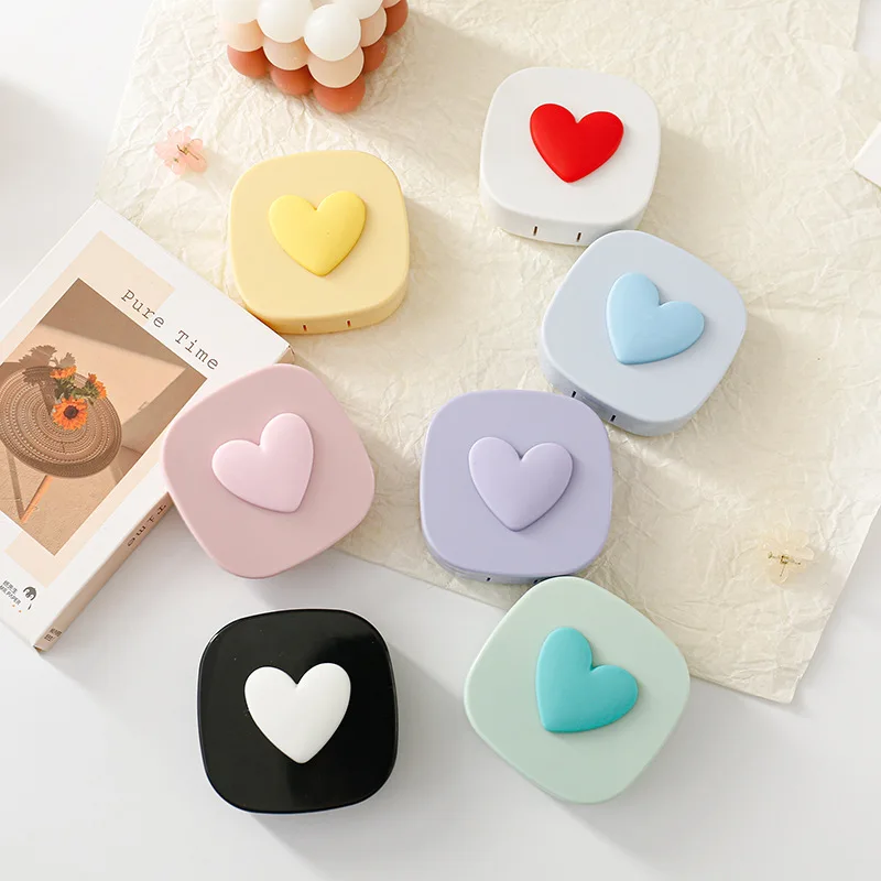 Estuche para gafas de contacto, soporte para cosméticos con espejo de corazón, contenedor a prueba de fugas de colores de macarrón, accesorios para lentes de colores