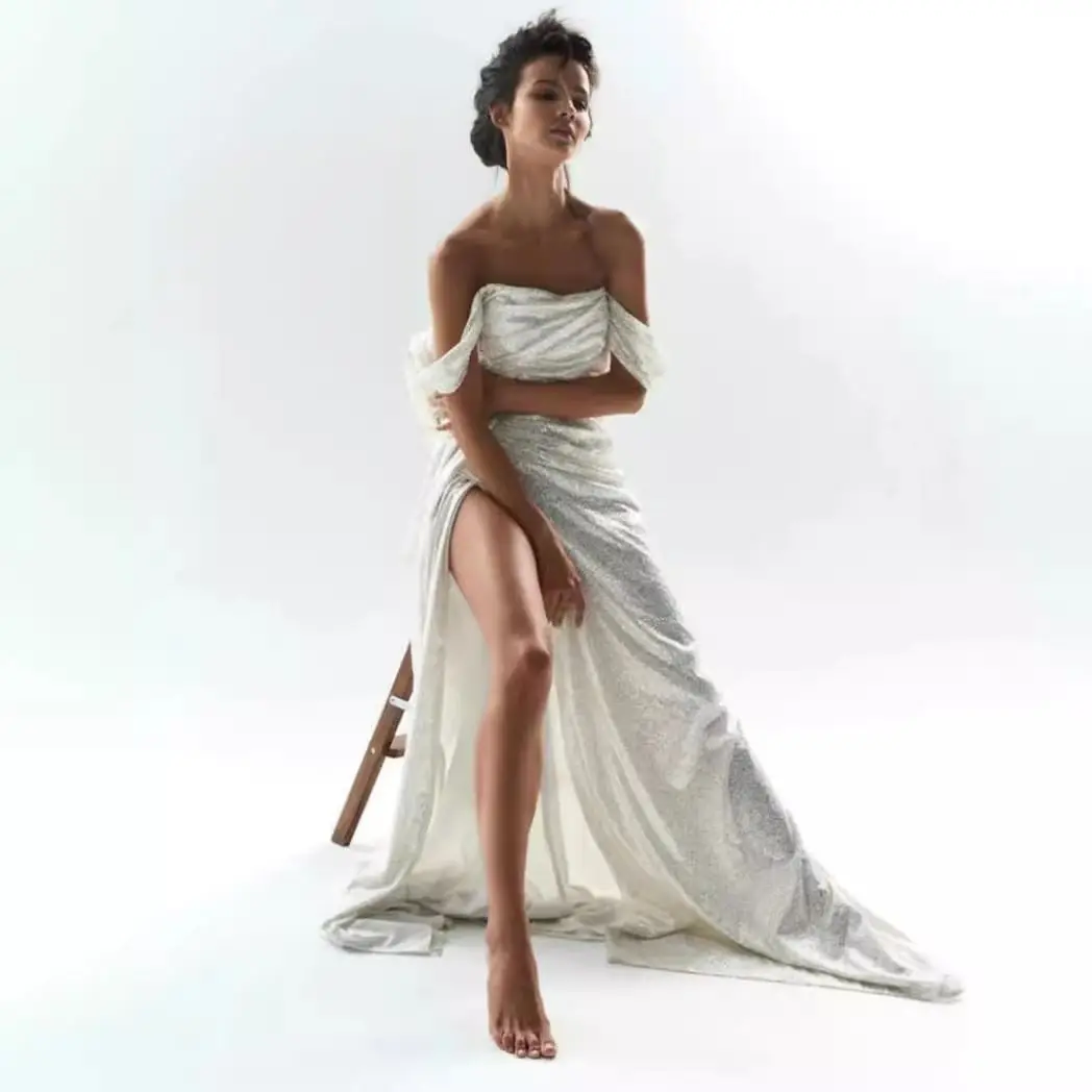 Abiti da sera di alta qualità con spacco laterale bianco Glitter Spaghetti Strap Prom Dress per abito da festa a sirena da sposa europa America