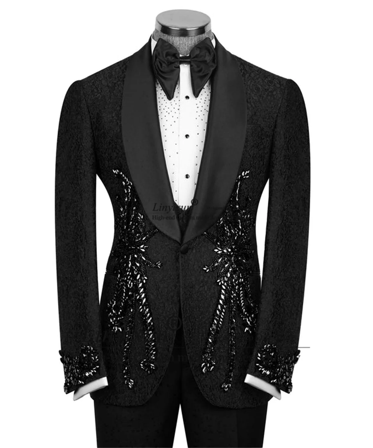 Stone Embroidered Black Tuxedo Men Suits Customized Wedding Groom Slim Fit Ropa Hombre 3 Piece Sets Jacquard Male Prom Blazers