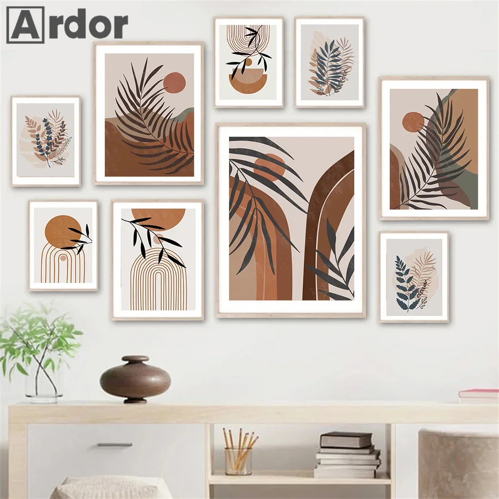 Boho Leaf Canvas Painting Abstract Brown Geometry Plant Sun Poster Modern Line Wall Art Print Pictures Living Room Home Decor