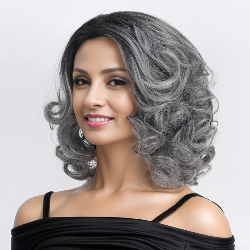 Woman Fashion Short Curly Hair Ball Dress Up Headwear Grandma Grey Shoulder Length Hair Headgear Concert Lady Chemical Fiber Wig