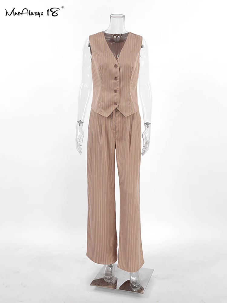 Mnealways18-Costume Vintage à Rayures Brunes pour Femme, Ensemble de Bureau Décontracté, Couleur Unie, Plissé, Printemps Été 2024