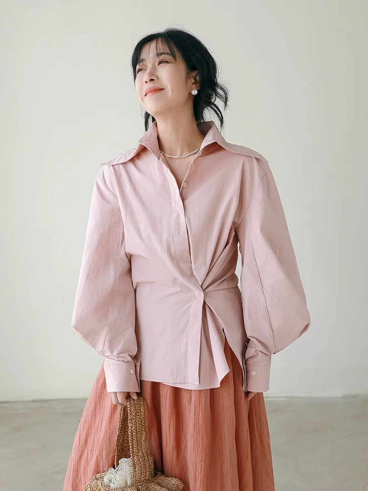 

Pink Long Sleeve Shirt Women's High-End Feeling Spring 2024 Fashion New Style Cotton 100% Slim Fit Commute Style F833