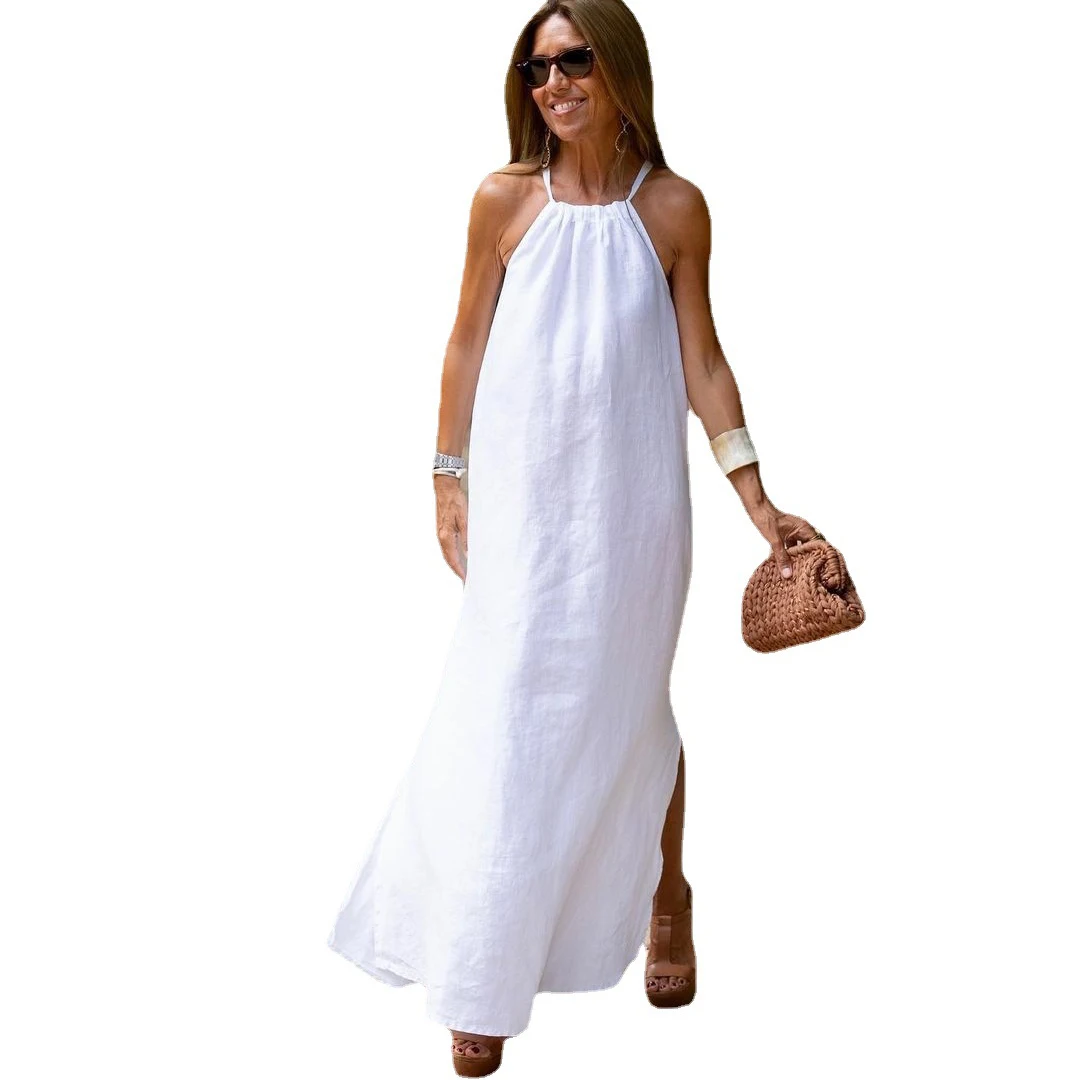 Vintage 100% Cotton Women\'S Dress Sexy Spaghetti Strap Casual Loose Holiday Beach Long Midi Party Elegant Dresses For Women 2023