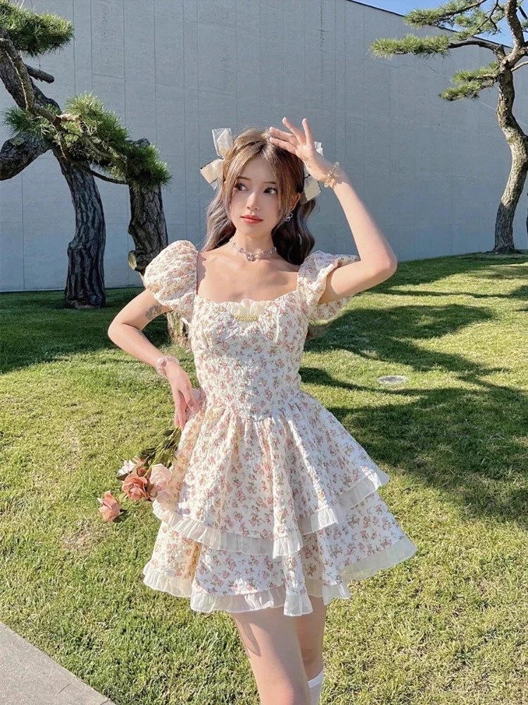 Floral Puff Sleeve Dresses Women Summer Bow Hotsweet Hipster Korean Style Backless Advanced Aesthetic Temperament College Daily