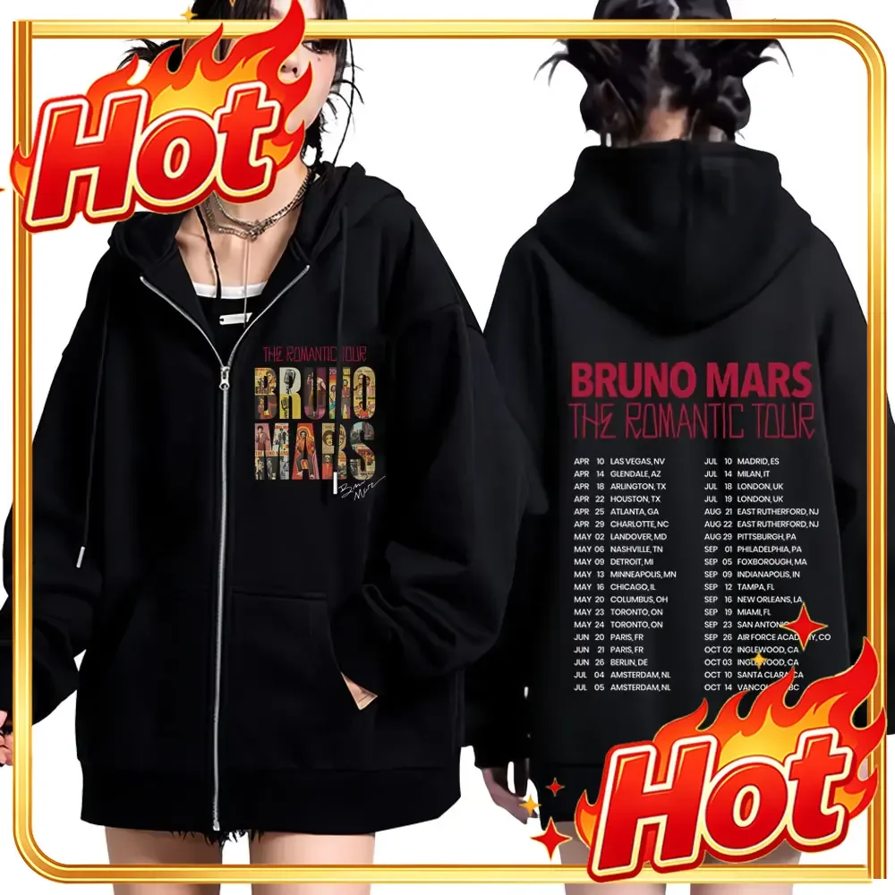 Sudadera con capucha y cremallera estampada de la gira The Romantic 2026 de Bruno Mars, para hombre y mujer, estilo vintage, holgada, de manga larga, chándal casual con cremallera.