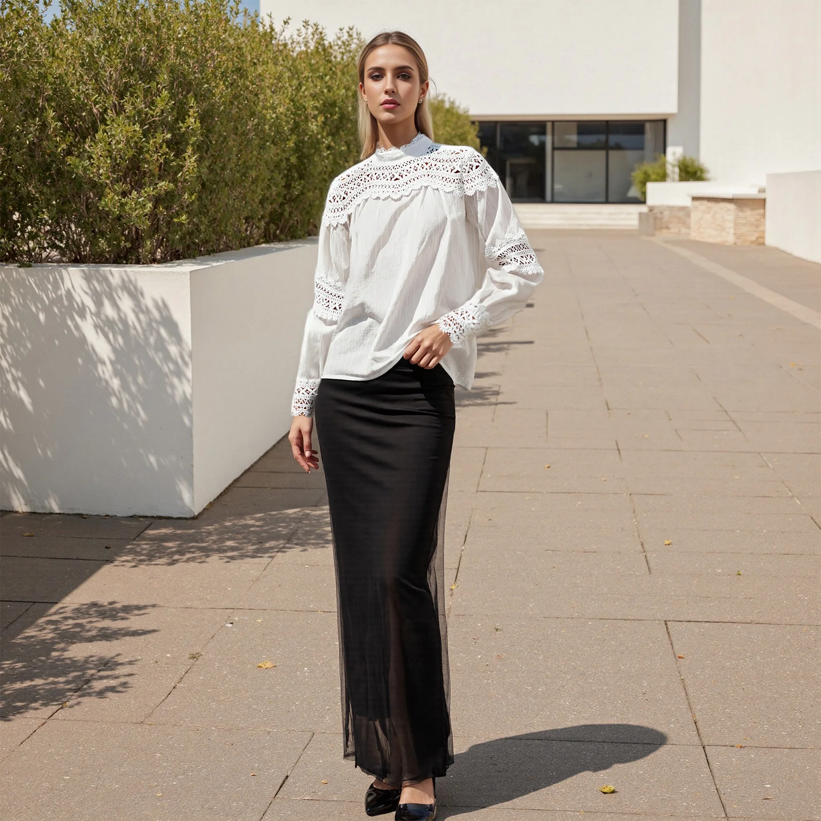 여성용 봄 가을 솔리드 컬러 캐주얼 셔츠 긴 소매 모크넥 크로셰 컷아웃 레이스 트림 블라우스