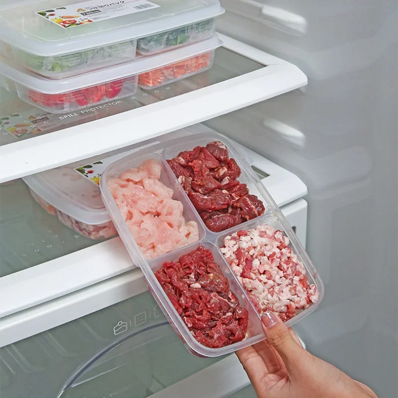 4 Grids Food Fruit Storage Box Portable Compartment Refrigerator Freezer Organizers Sub-Packed Meat Onion Ginger Clear Crisper