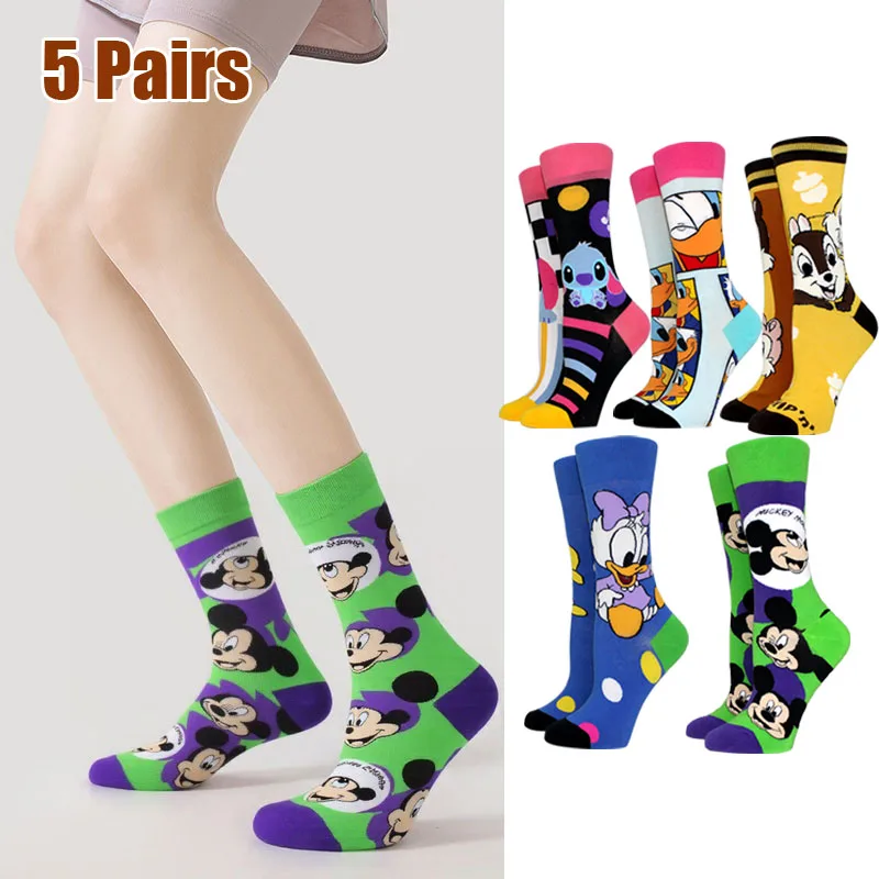 

5 Pairs New Women Socks Anime Mickey Stitch Mickey Inventive Cartoon Long Socks AB Style Socks Funny Cute Girl Socks Size 36-42