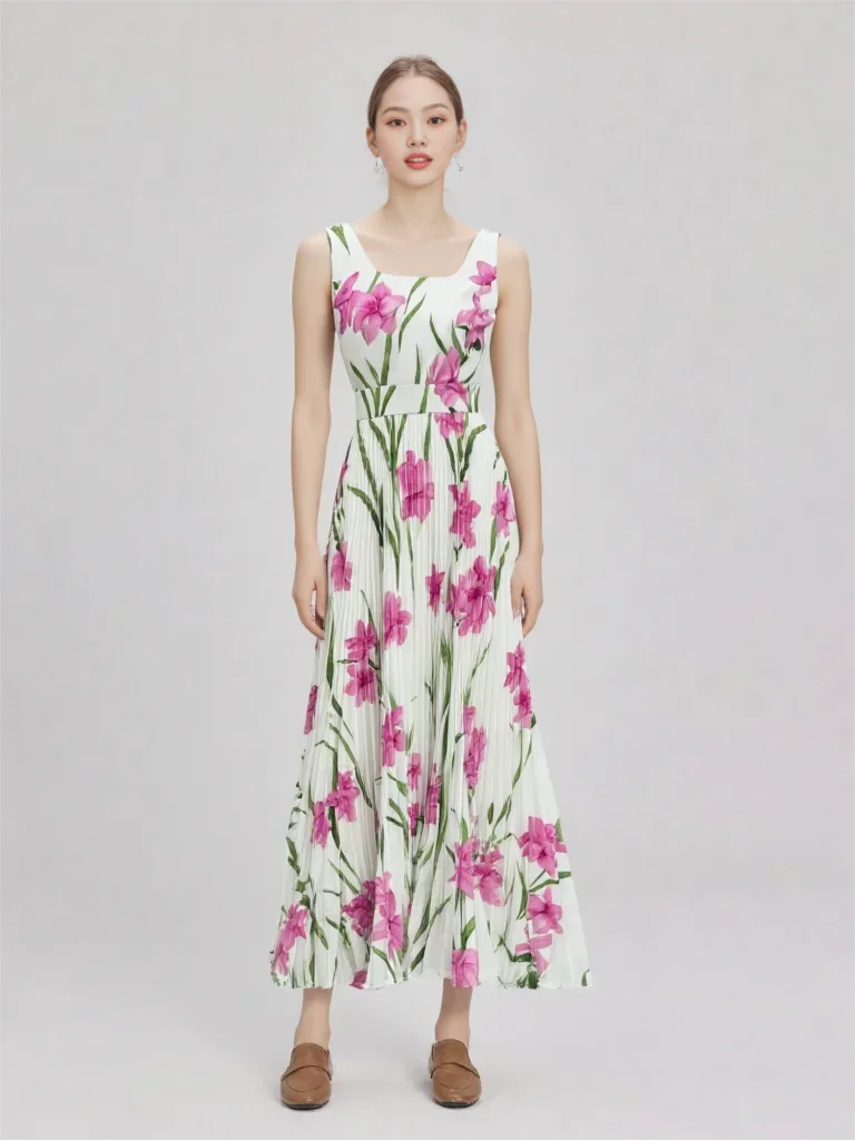 

Fresh Print Flowers Sleevelss Pleated Long Dress White