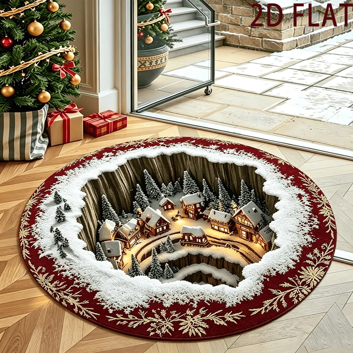 Winter Scene Round Christmas Carpet 3D Vortex Cave Snow Village Print Soft Area Rug For Kids Bedroom Home Decor