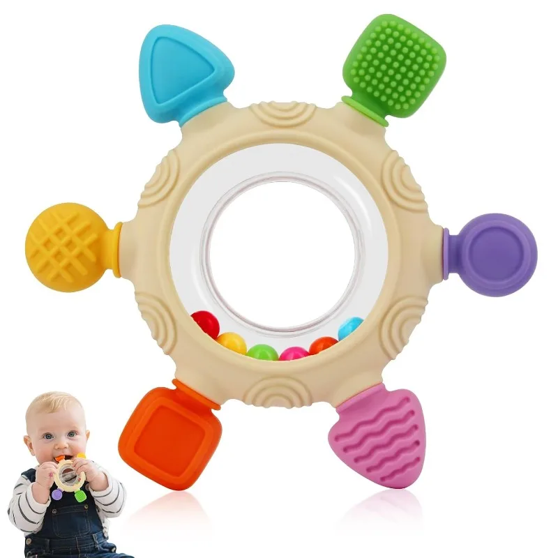 

Baby Teething Rings Toys Rattle Teether Sensory Toys Silicone Teether Relief Chew Soothing Sore Gums for Babies Newborn Infant