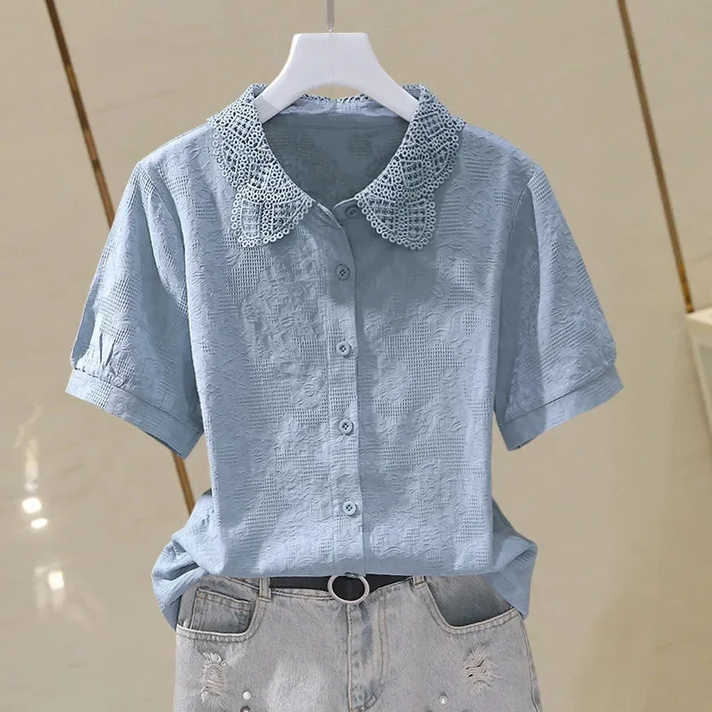 2025 New Fashion Vintage lace patchwork Shirt Women Summer Short-sleeved Single-Breasted Short Simple Wild Blouse Ladies Tops