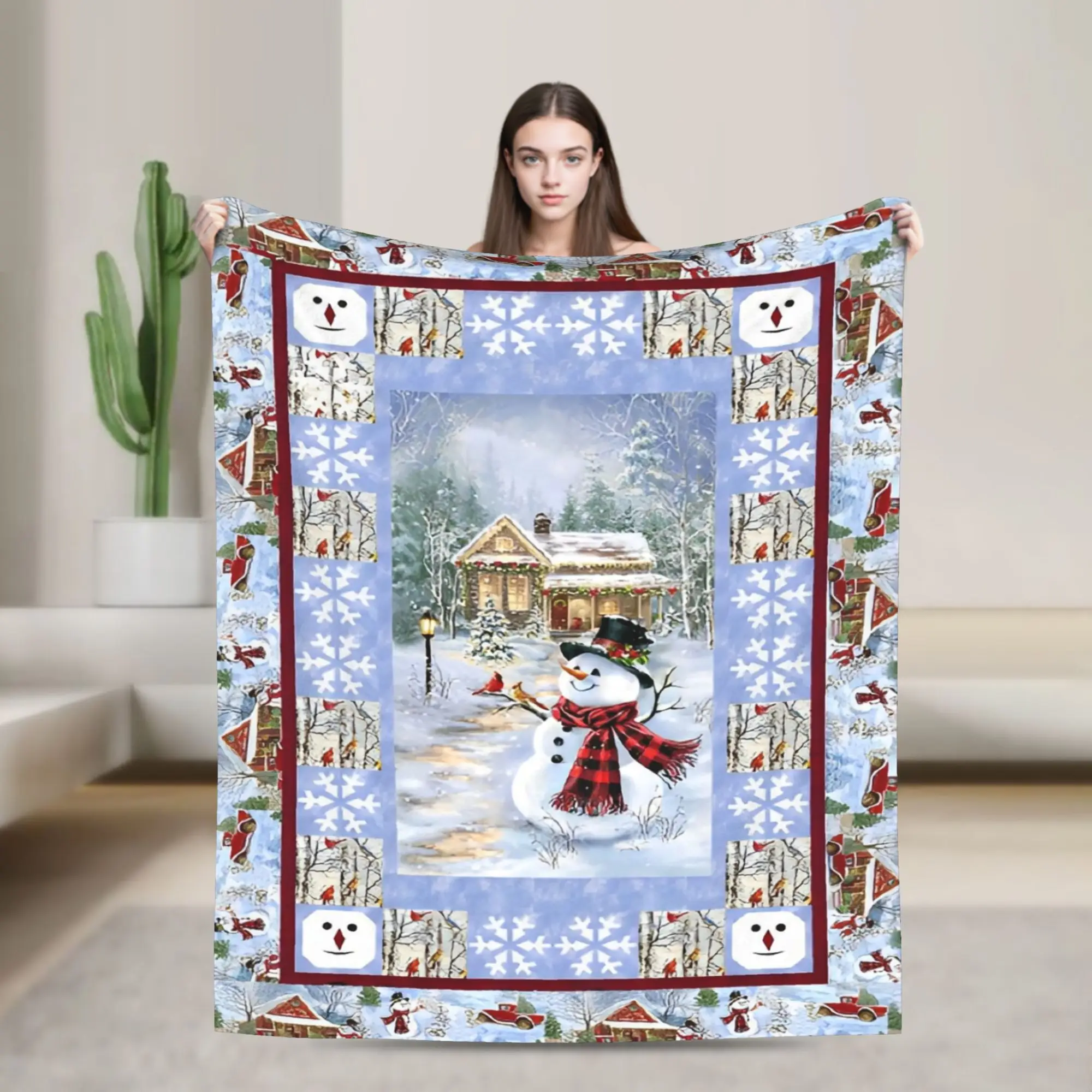 

Merry Christmas Snowman Blanket Wool Novelty Warm Throw Blanket for Home Restaurant Winter