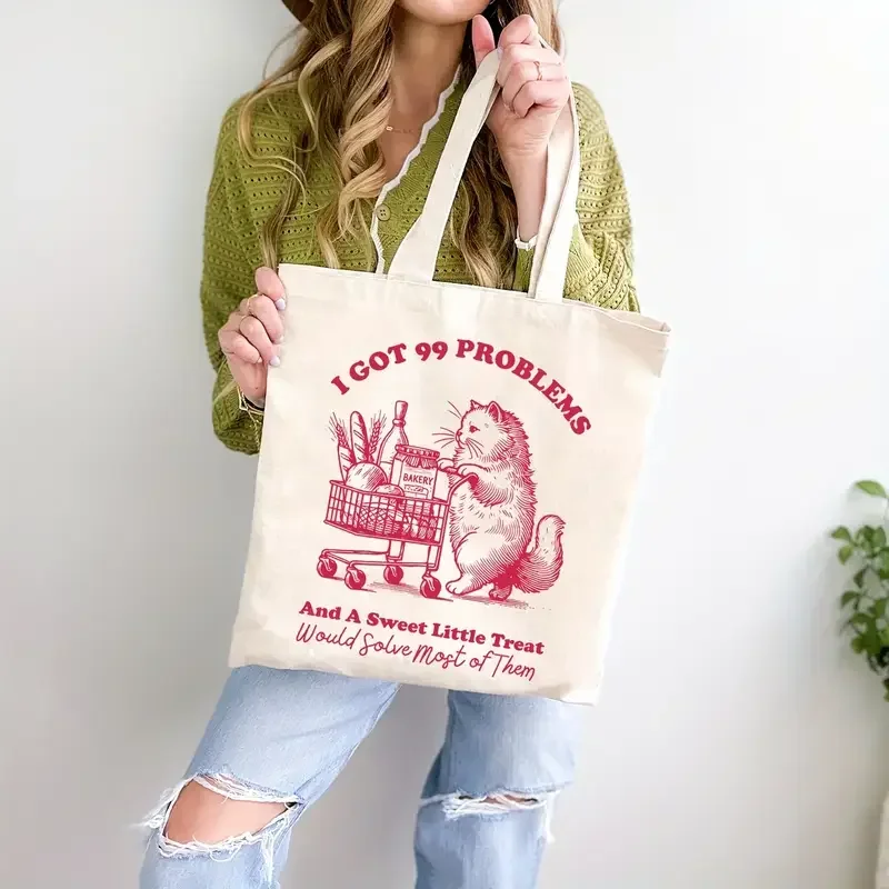 

1 Adorable Cat Shopping Canvas Tote Bag - "I Got 99 Problems" Design with Cartoon Cat & Sweet Treats Illustration for Daily Use