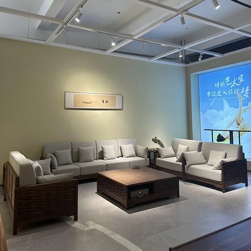 أريكة صينية جديدة أمريكا الشمالية الجوز الأسود زن غرفة المعيشة 123 مجموعة فيلا شقة كبيرة أثاث من الخشب الصلب والجلود #5