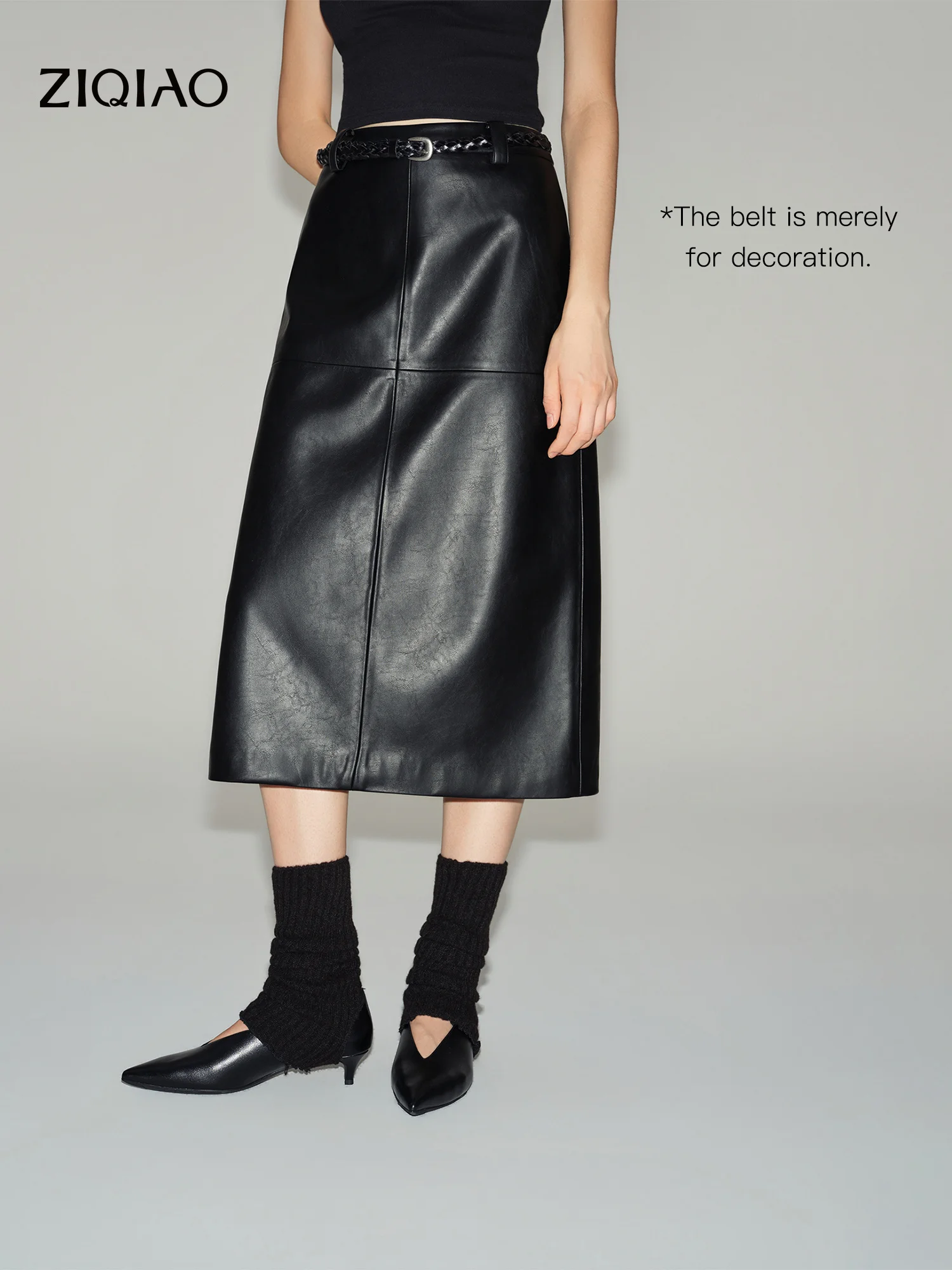 ZIQIAO Black PU Leather Straight Midi Skirt for Women New Winter Style 2026 Office Lady Elegant Temperament