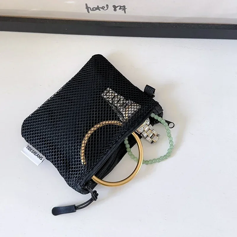 Mesh Cosmetic Bag Portable Mesh Storage Pouch with Zipper Lightweight Sundries Storage Bag Multi-purpose Square Coin Purse