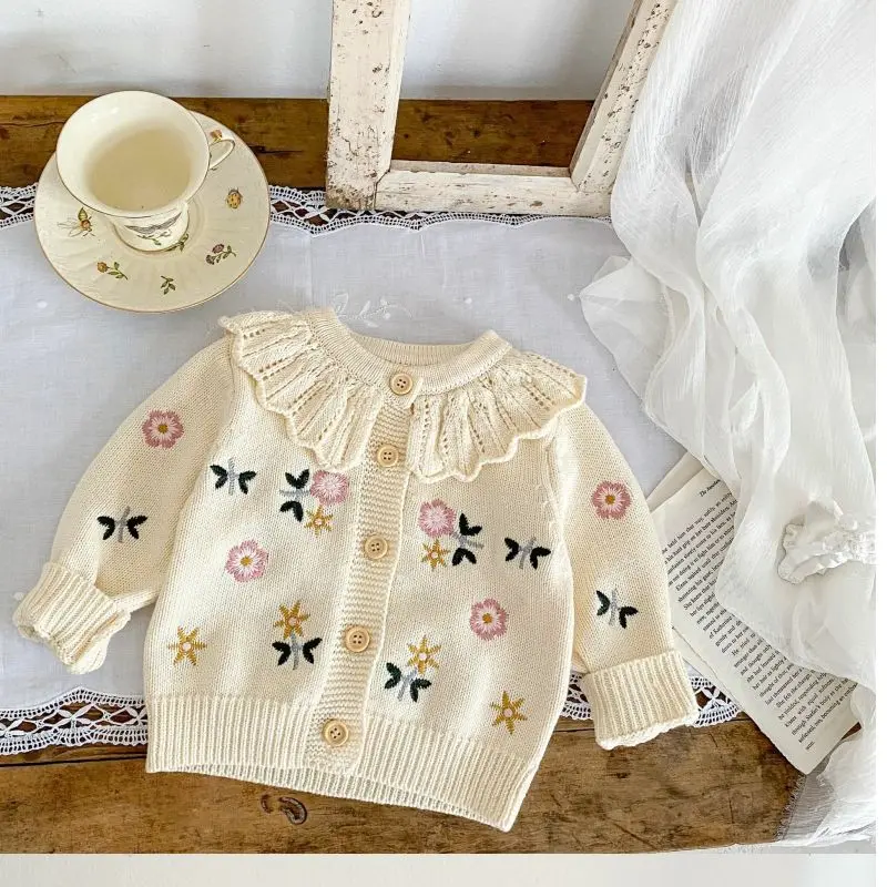 Children\'s Cute Knitted Sweater Baby Girl\'s Spring Autumn Flower Embroidery Lace Collar Single Breasted O-Neck Cardigan