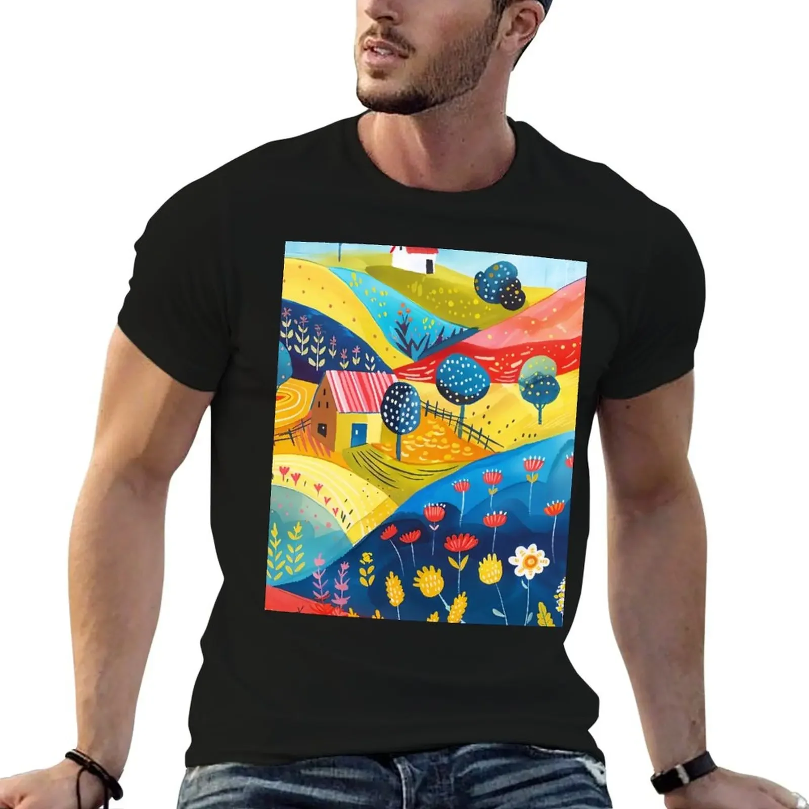 Colorful Scandinavian landscape with hills, trees and folk style houses T-Shirt anime clothes anime stuff sweat shirts, men