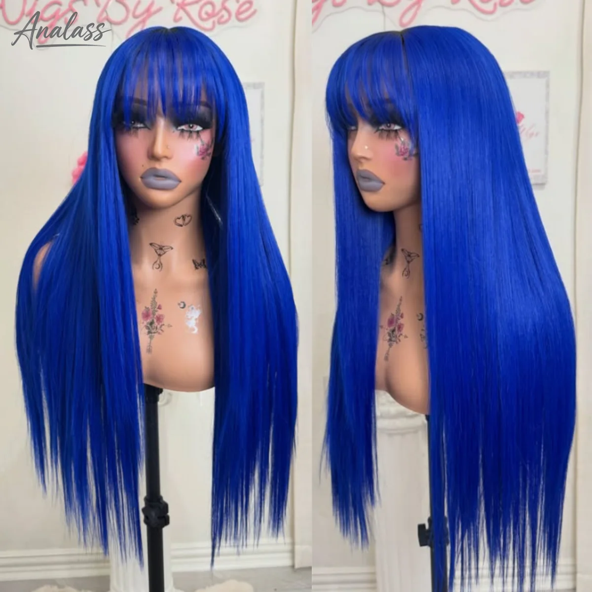 Bangs Blue Wig Bone Straight Lace Front Wig 13x4 HD Pre Plucked Glueless Synthetic And Blend For Women Cosplay On Clearance Sale