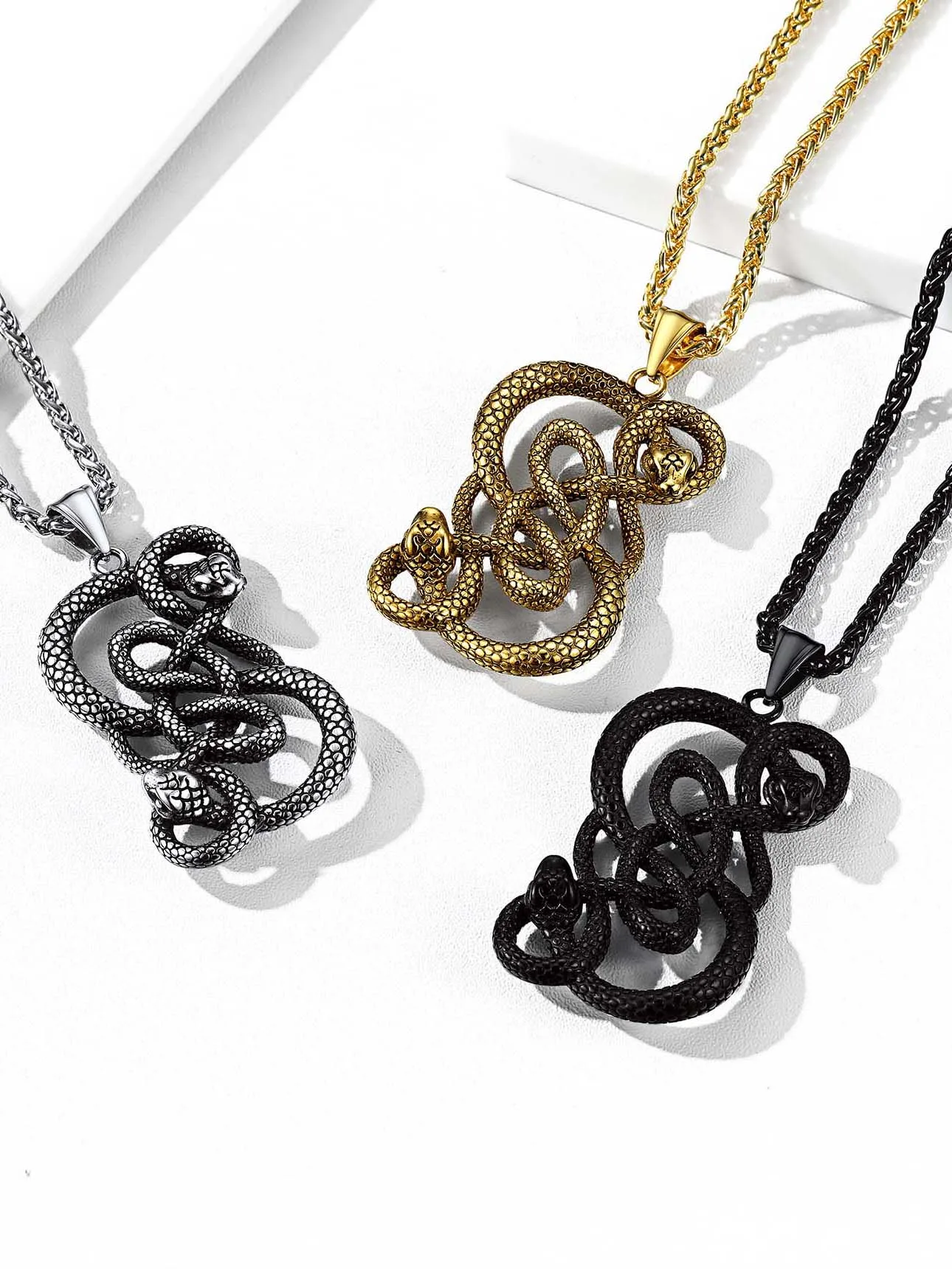 Snakes Pendant Necklace for Men Women 316L Stainless Steel Animal Charm Snake Serpent Pendant 22inches Wheat Link Chain Necklace